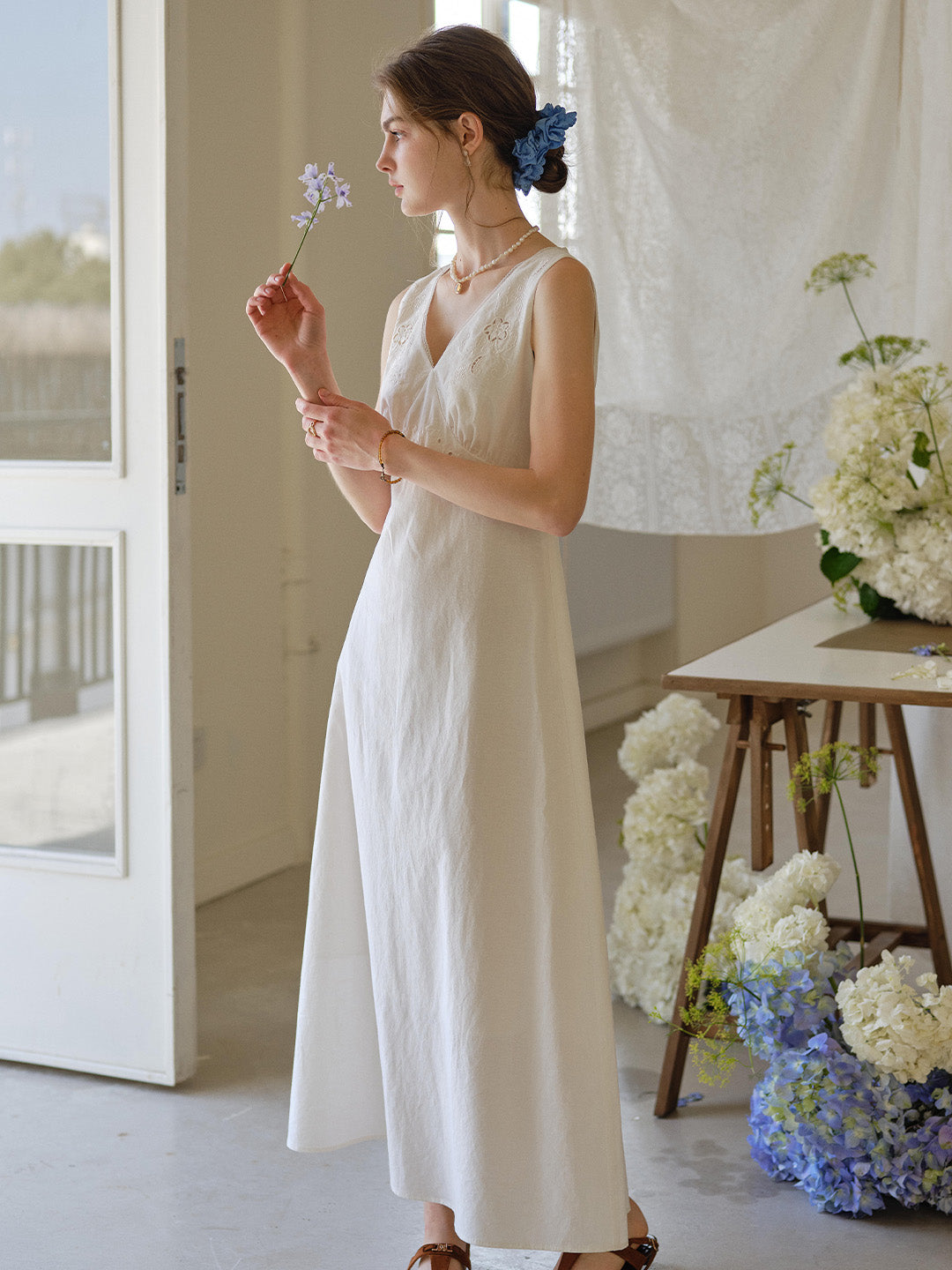 Indigo V-Neck Embroidered Linen Cotton Dress