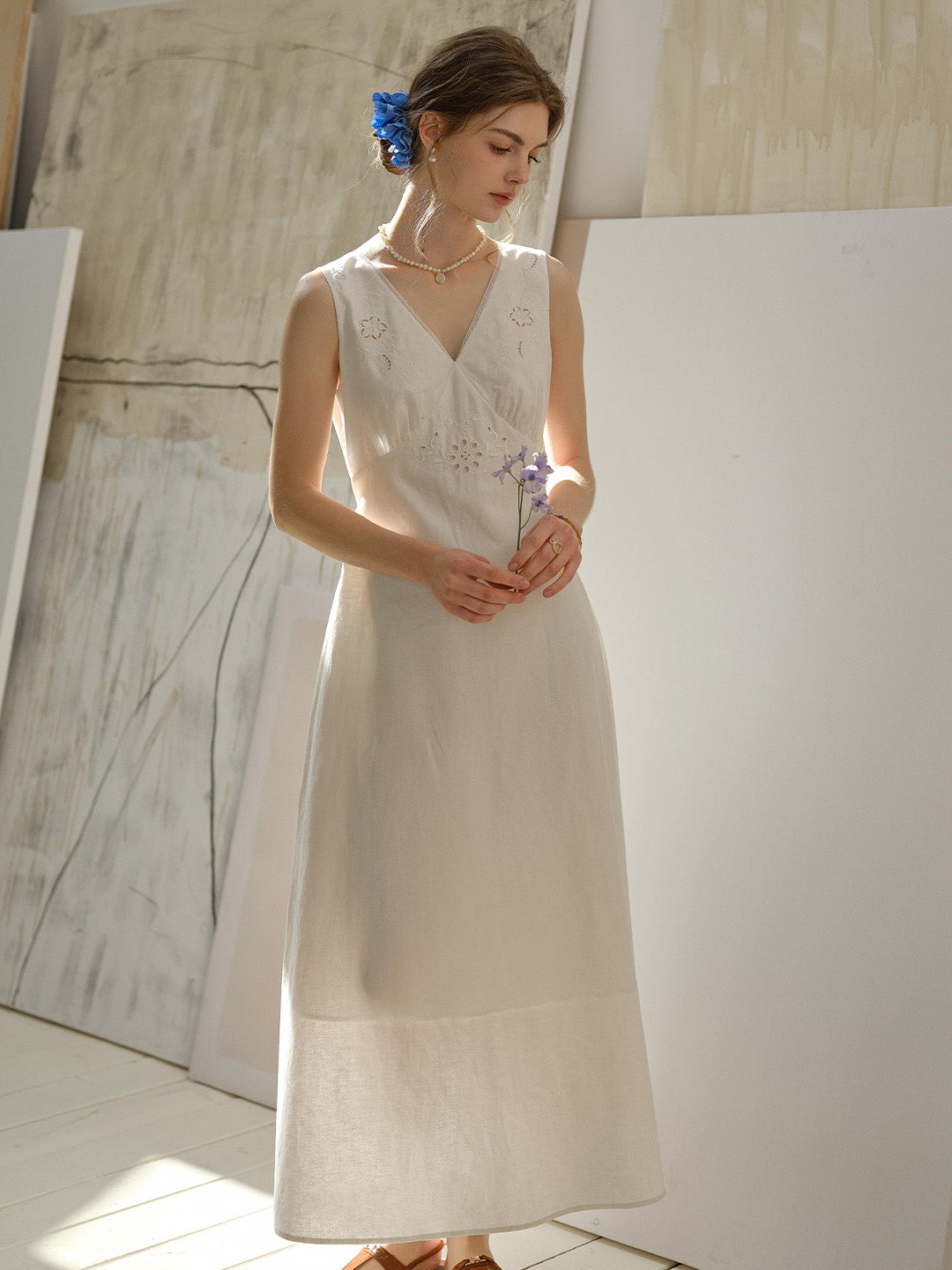 Indigo V-Neck Embroidered Linen Cotton Dress