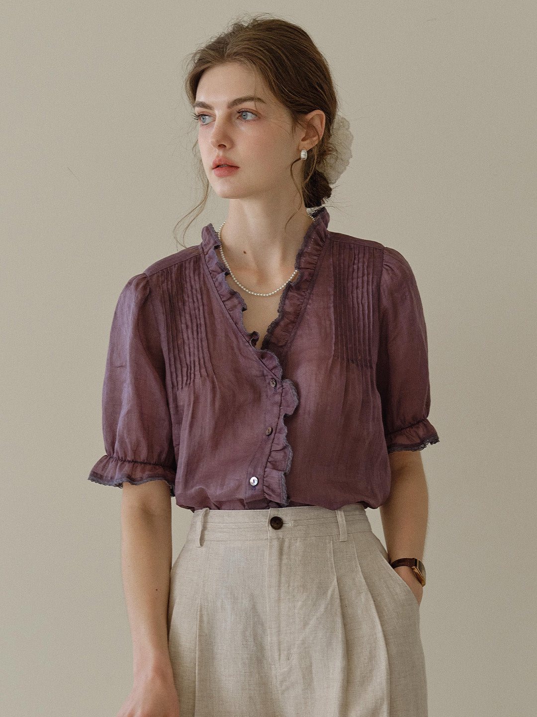Harper Ruffle Collar 100% Ramie Blouse