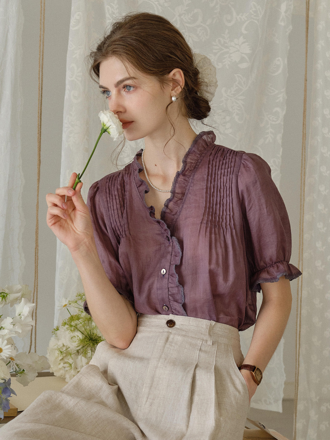 Harper Ruffle Collar 100% Ramie Blouse