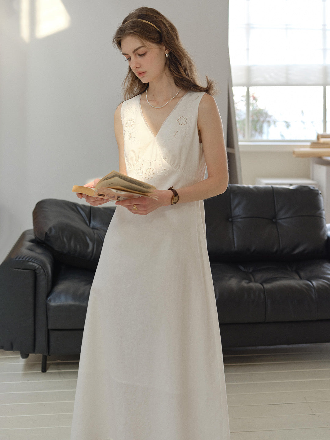 Indigo V-Neck Embroidered Linen Cotton Dress, Beige / L Indigo V-Neck Embroidered Linen Cotton Dress, Beige / L