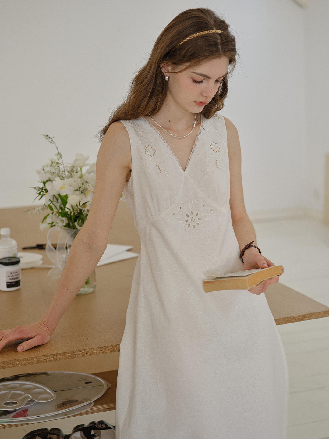 Indigo V-Neck Embroidered Linen Cotton Dress