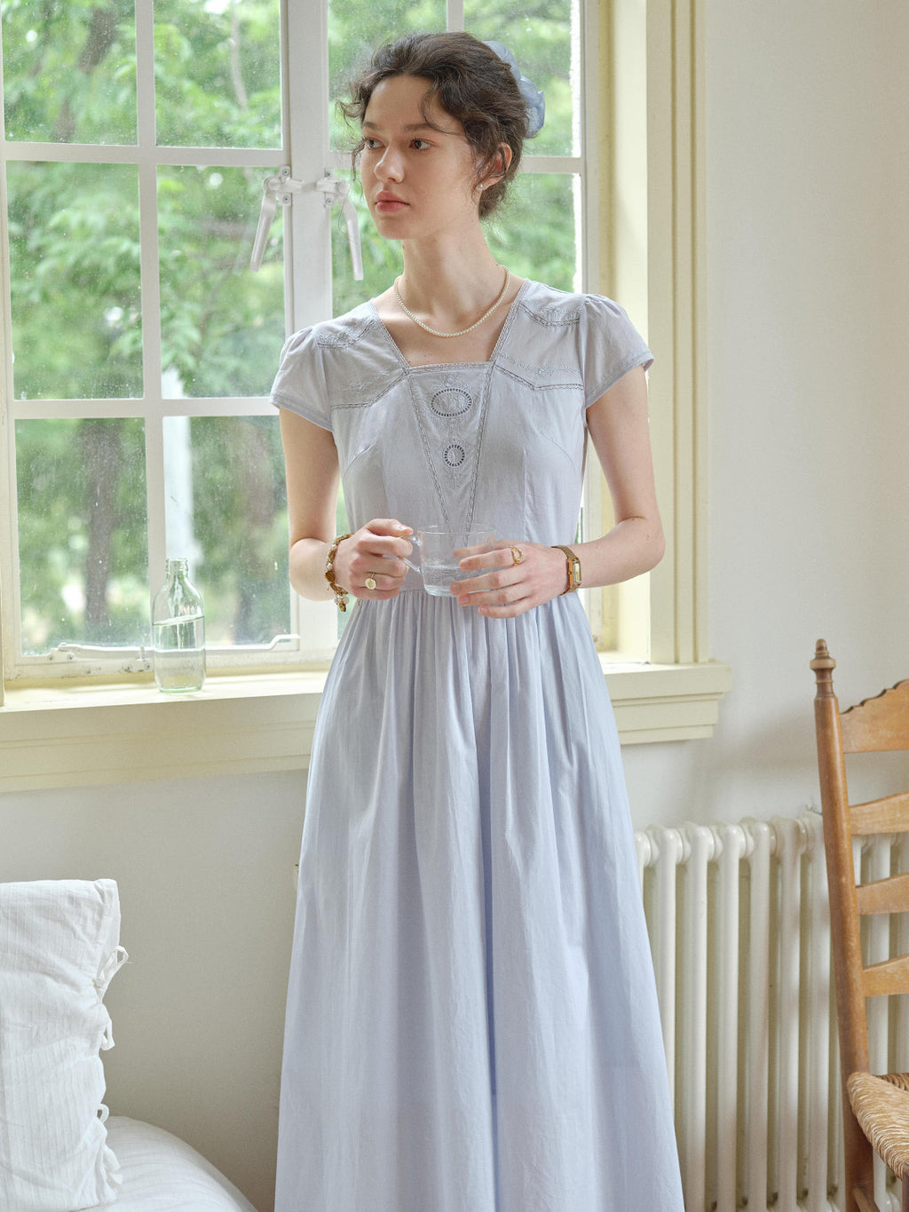 embroidered casual dress Kaia Square Neck Embroidery Detailed in the last Homemade Poppyseed Dressing Color: Blue Size:4XL/22