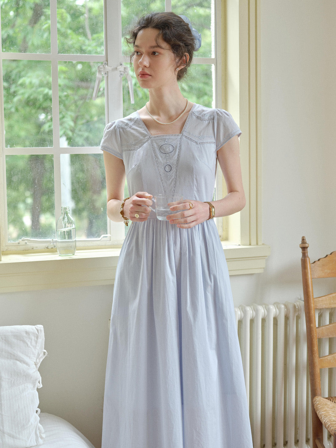 Kaia Square Neck Embroidery Dress