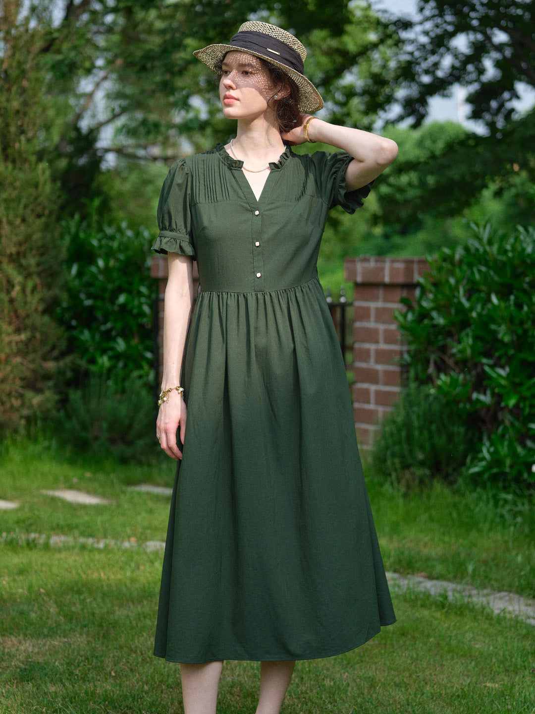 Aitana Rose Embroidered V-neck Puff Sleeve Lace Cotton Dress