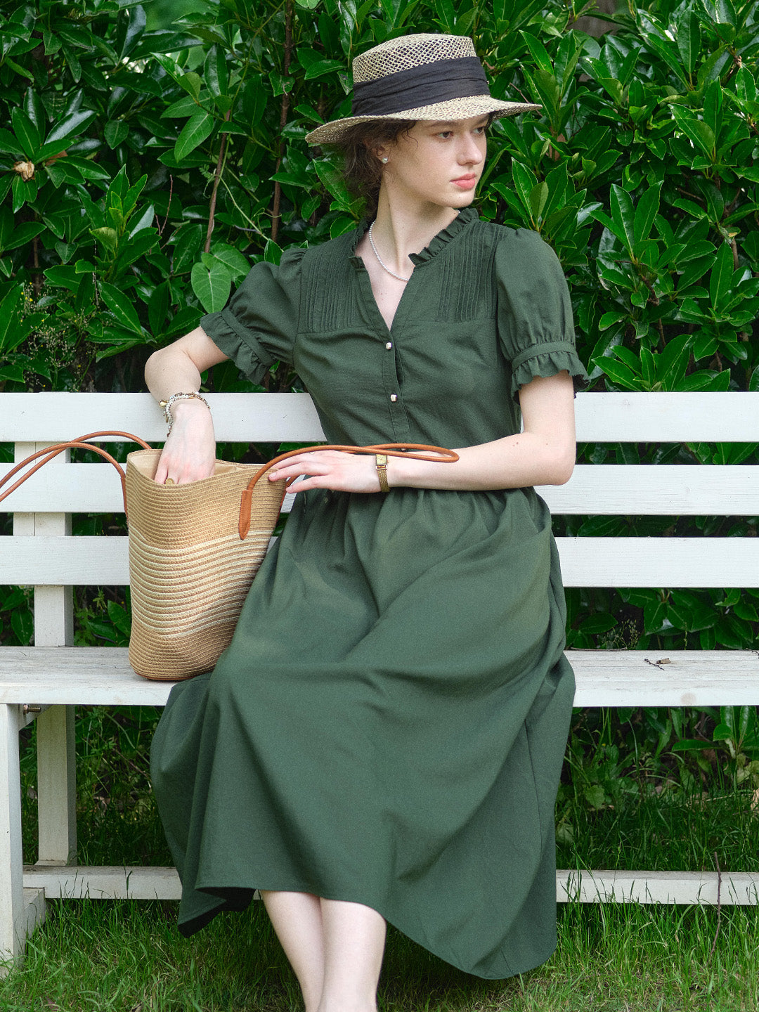 Aitana Rose Embroidered V-neck Puff Sleeve Lace Cotton Dress