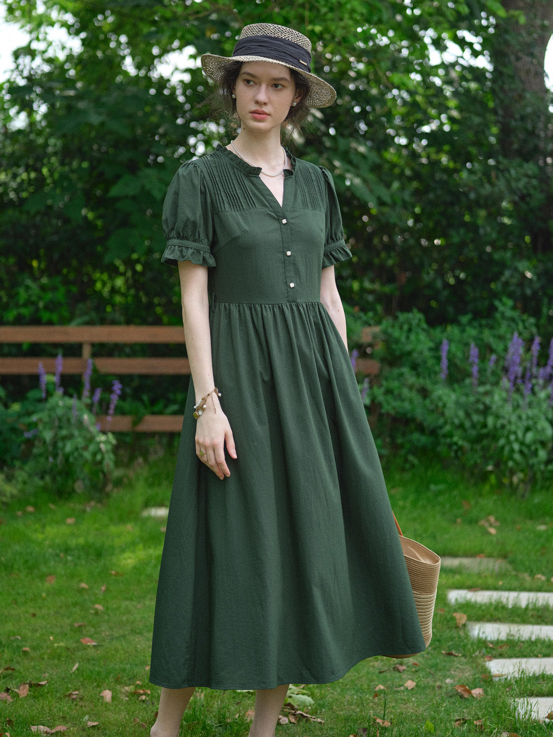 Aitana Rose Embroidered V-neck Puff Sleeve Lace Cotton Dress