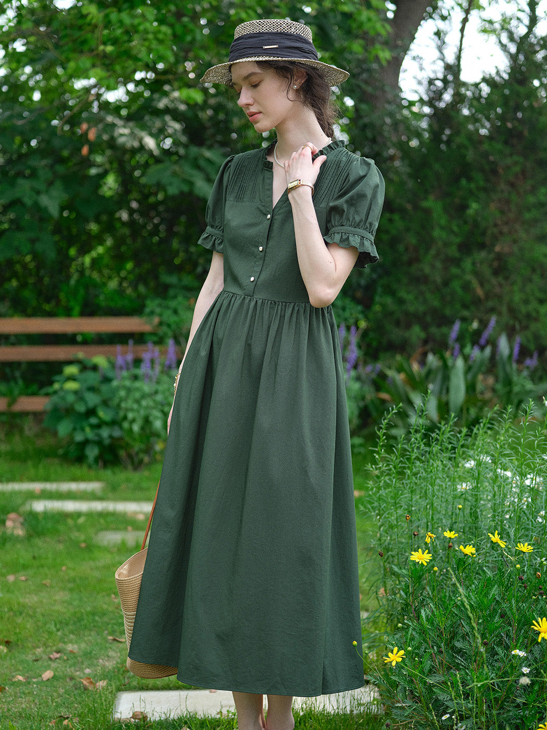 Aitana Rose Embroidered V-neck Puff Sleeve Lace Cotton Dress