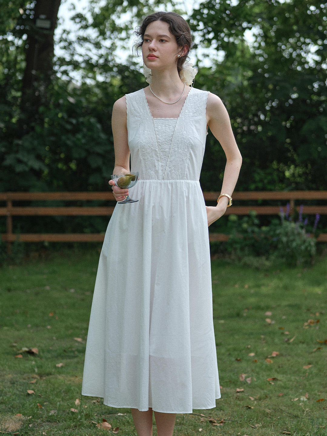 May Square Neck Embroidery 100% Cotton Sleeveless Dress