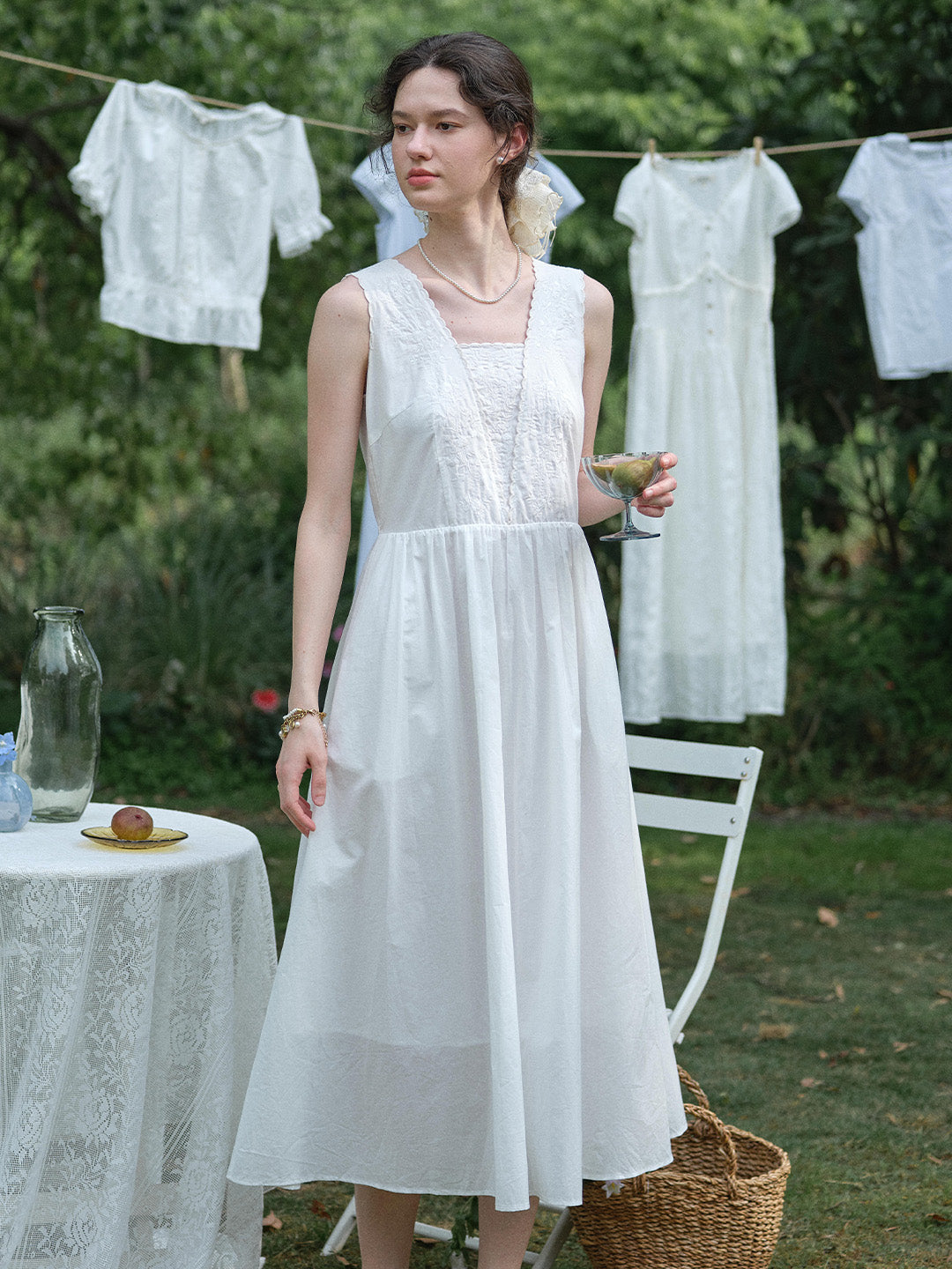 100 cotton sleeveless dress May Square Neck Embroidery 100% Cotton Sleeveless Dress, L