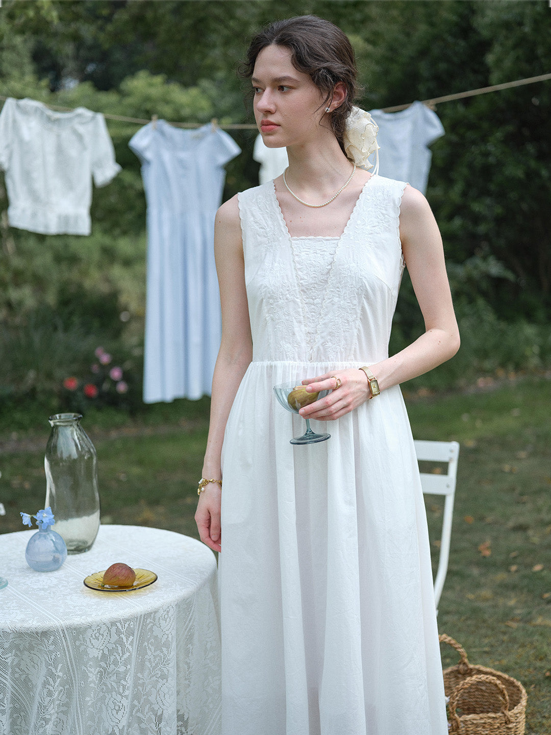 May Square Neck Embroidery 100% Cotton Sleeveless Dress