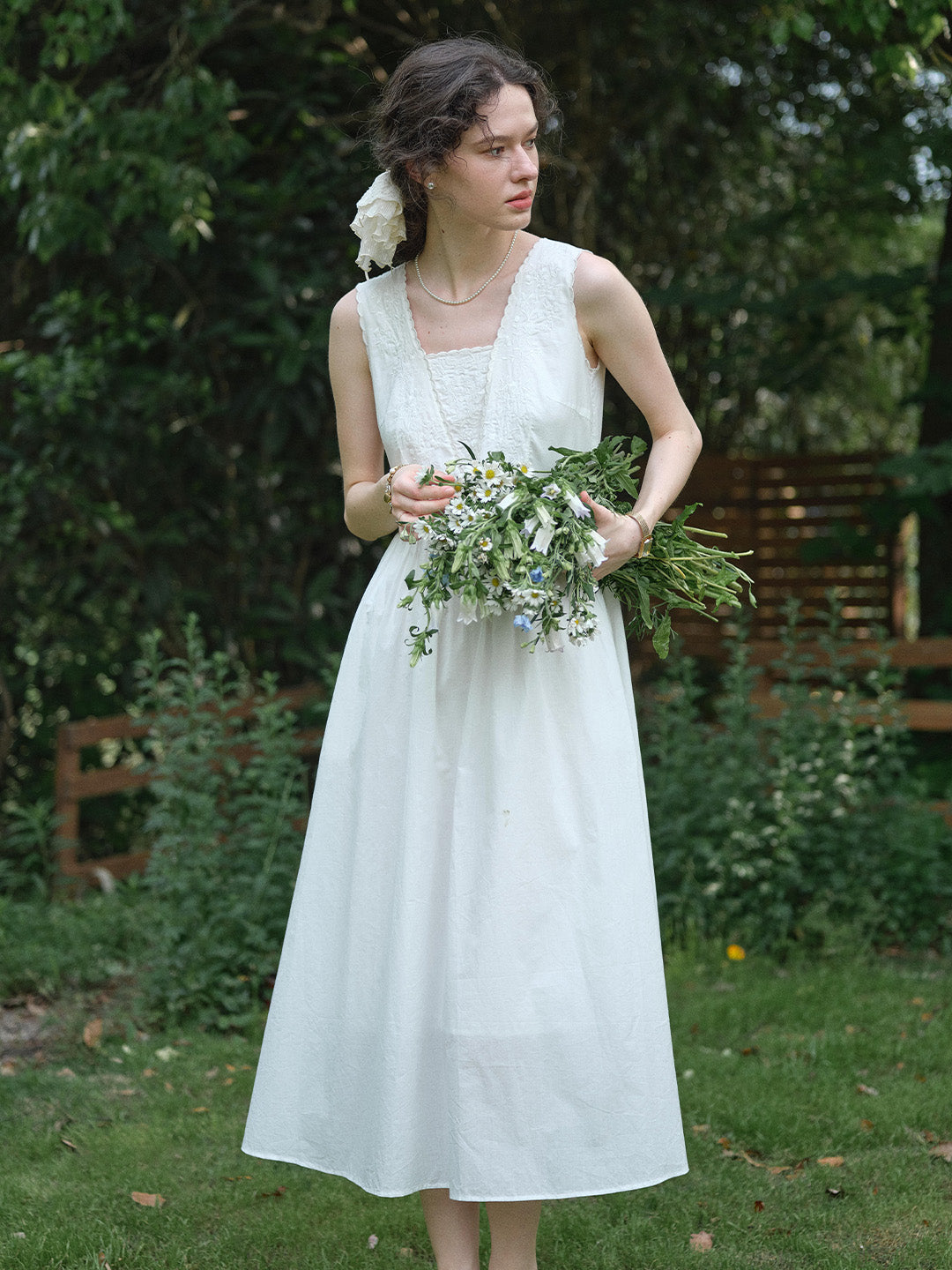 May Square Neck Embroidery 100% Cotton Sleeveless Dress