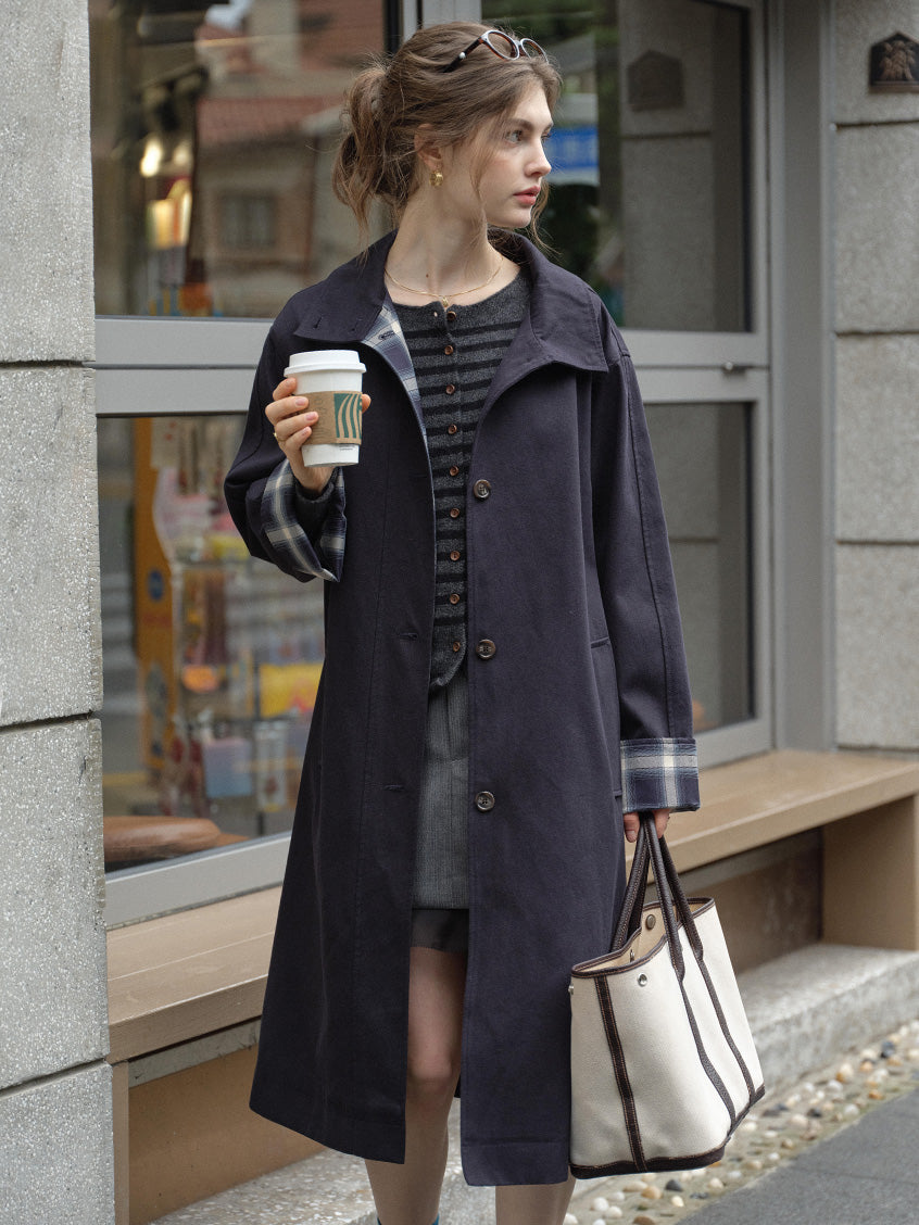 Nyra Plaid Cuff Single-Breasted Long Trench Coat