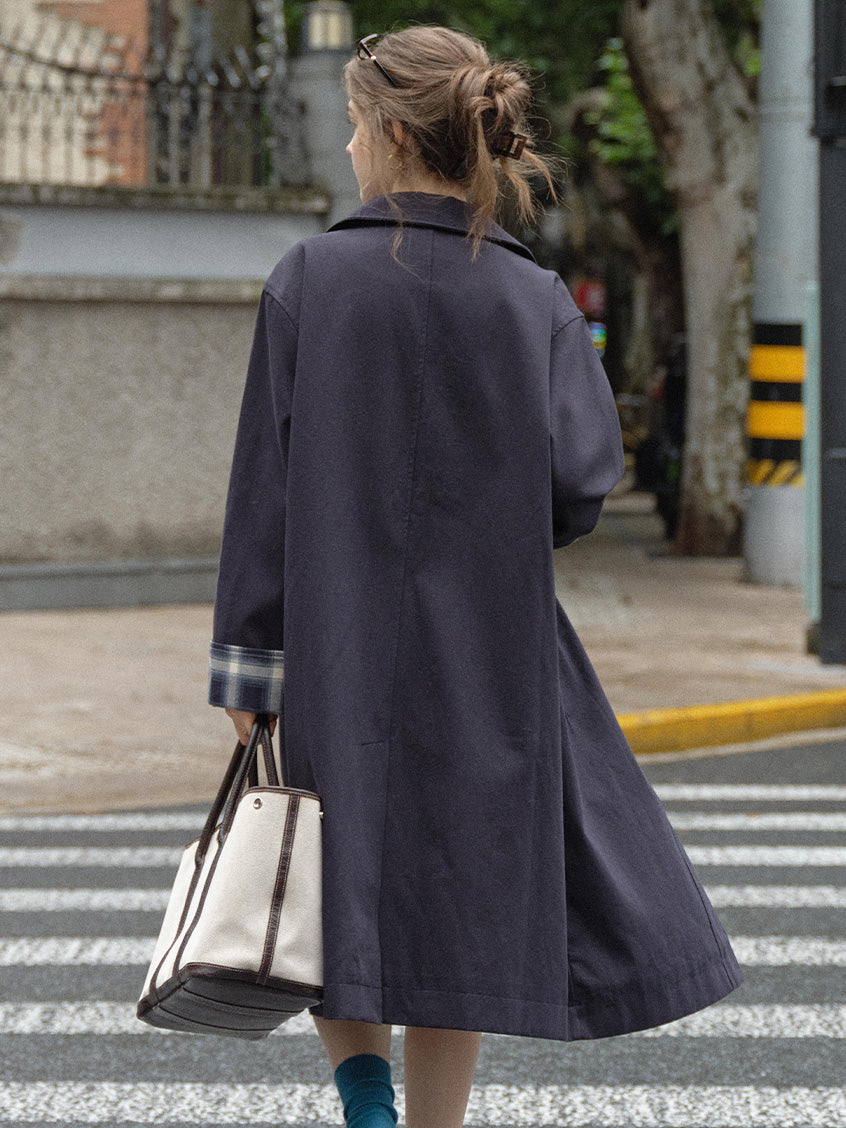 Nyra Plaid Cuff Single-Breasted Long Trench Coat
