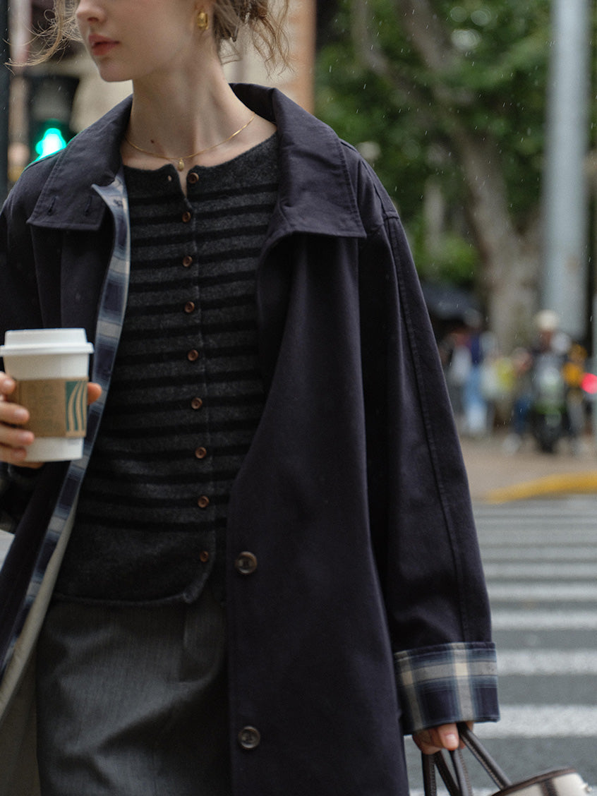 Nyra Plaid Cuff Single-Breasted Long Trench Coat