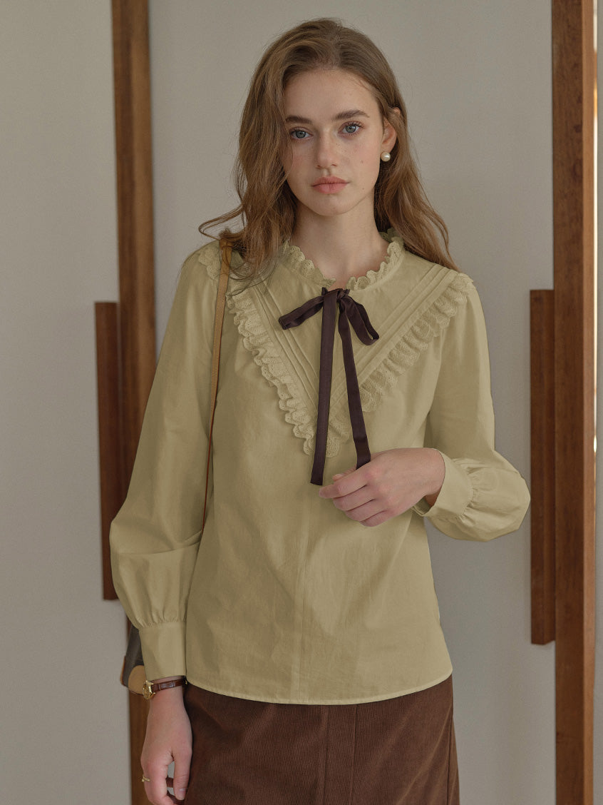 Yareli Vintage Lace Panel Contrasting Lace-up Ruffle Collar Blouse