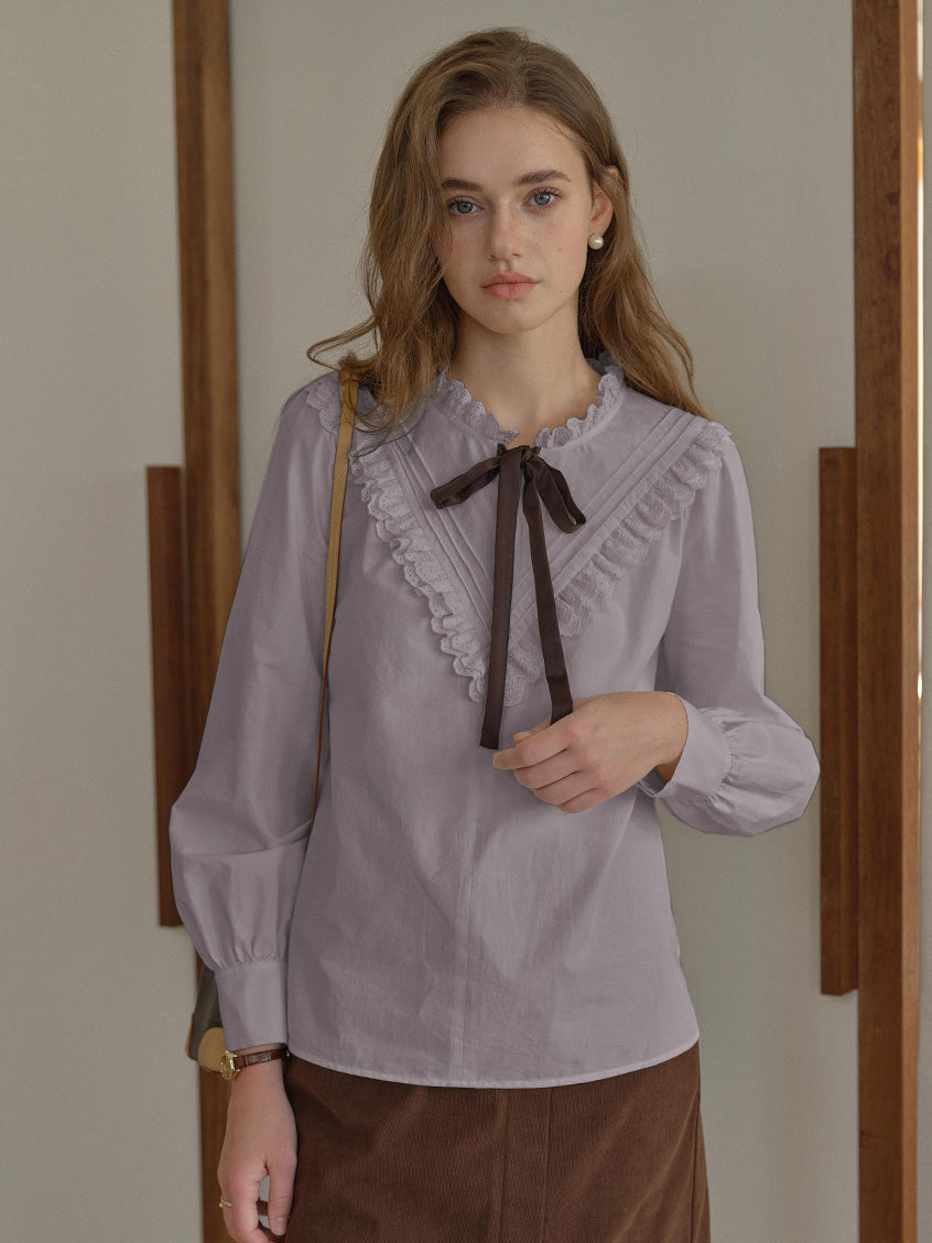 Yareli Vintage Lace Panel Contrasting Lace-up Ruffle Collar Blouse