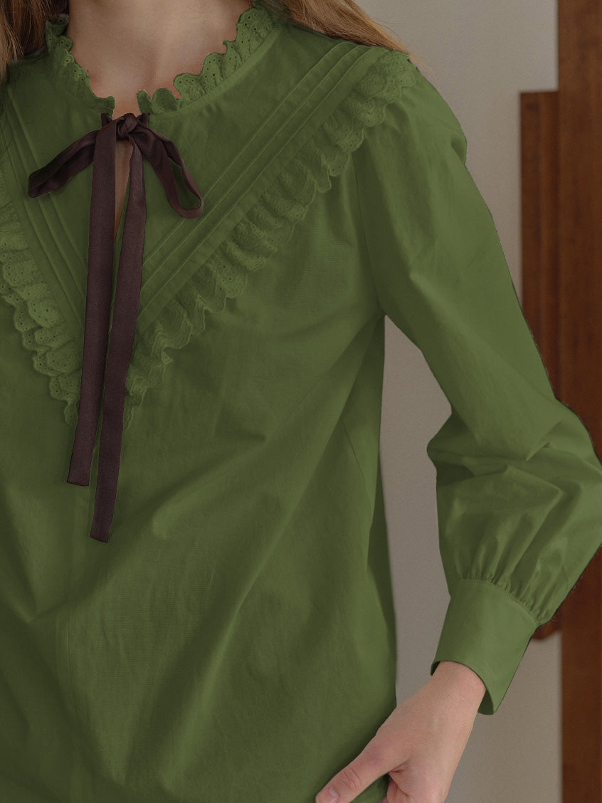 Yareli Vintage Lace Panel Contrasting Lace-up Ruffle Collar Blouse