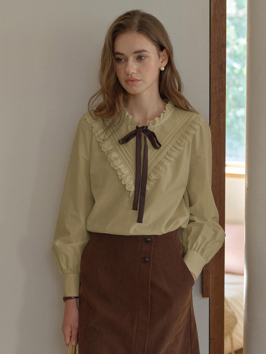 Yareli Vintage Lace Panel Contrasting Lace-up Ruffle Collar Blouse