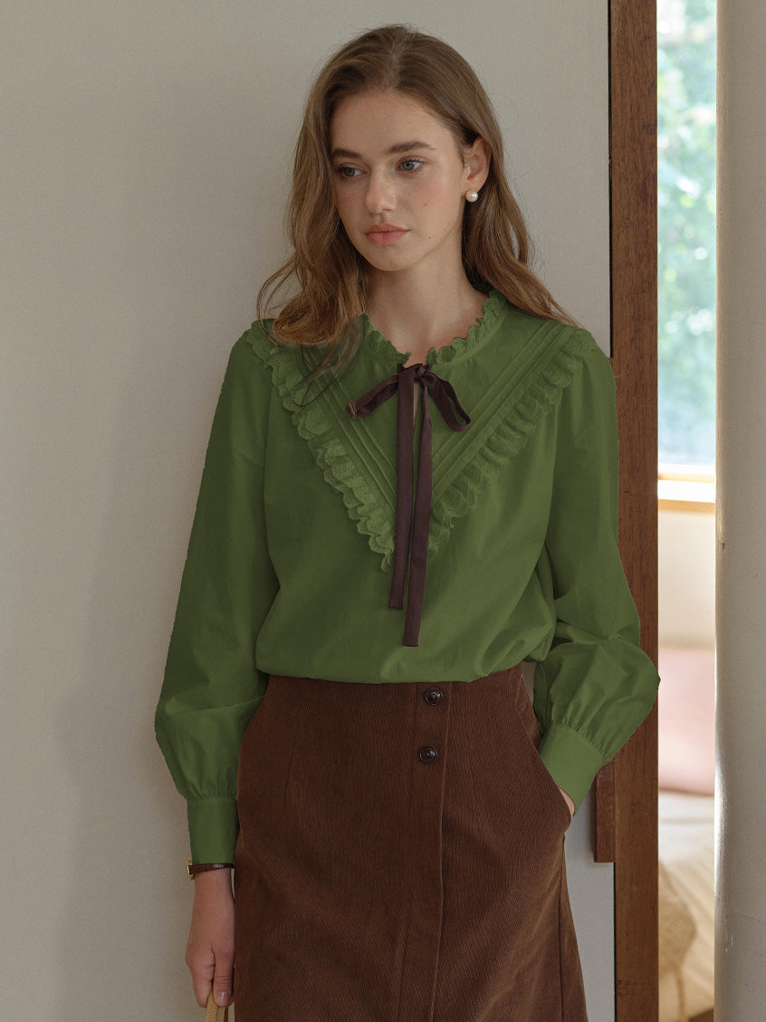 Yareli Vintage Lace Panel Contrasting Lace-up Ruffle Collar Blouse