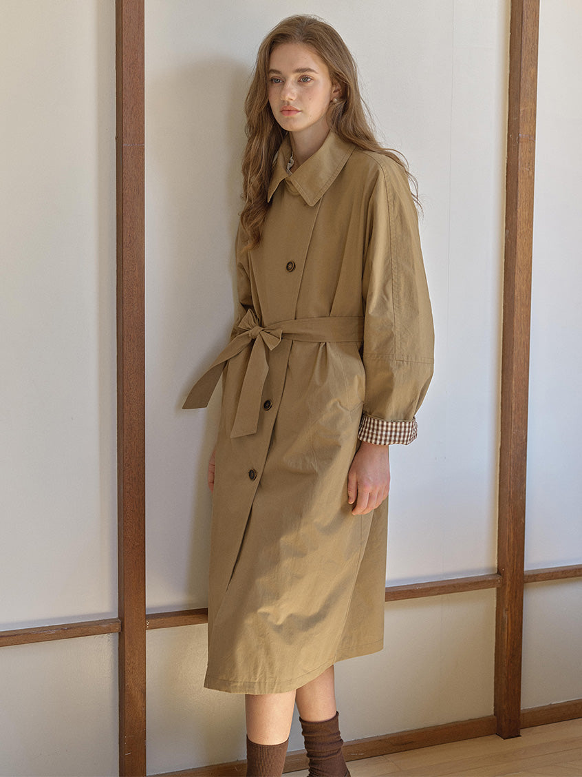 Genevieve 100%Cotton Tie-Waist Loose Mid-length Coat