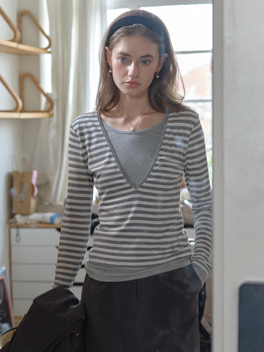 Amyra All-Purpose Cozy V-Neck Striped Layered Top