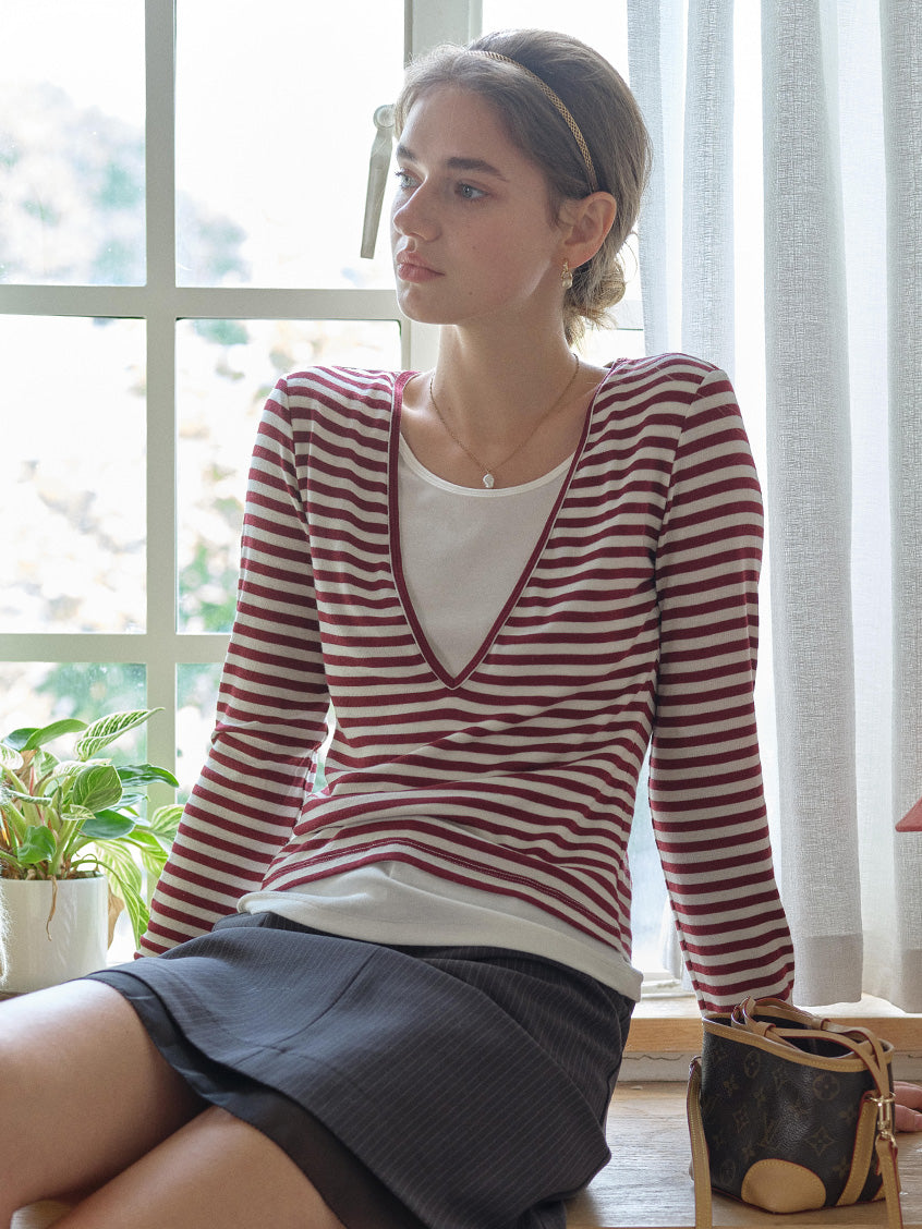 Amyra All-Purpose Cozy V-Neck Striped Layered Top
