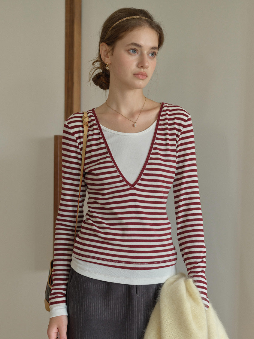 Amyra All-Purpose Cozy V-Neck Striped Layered Top
