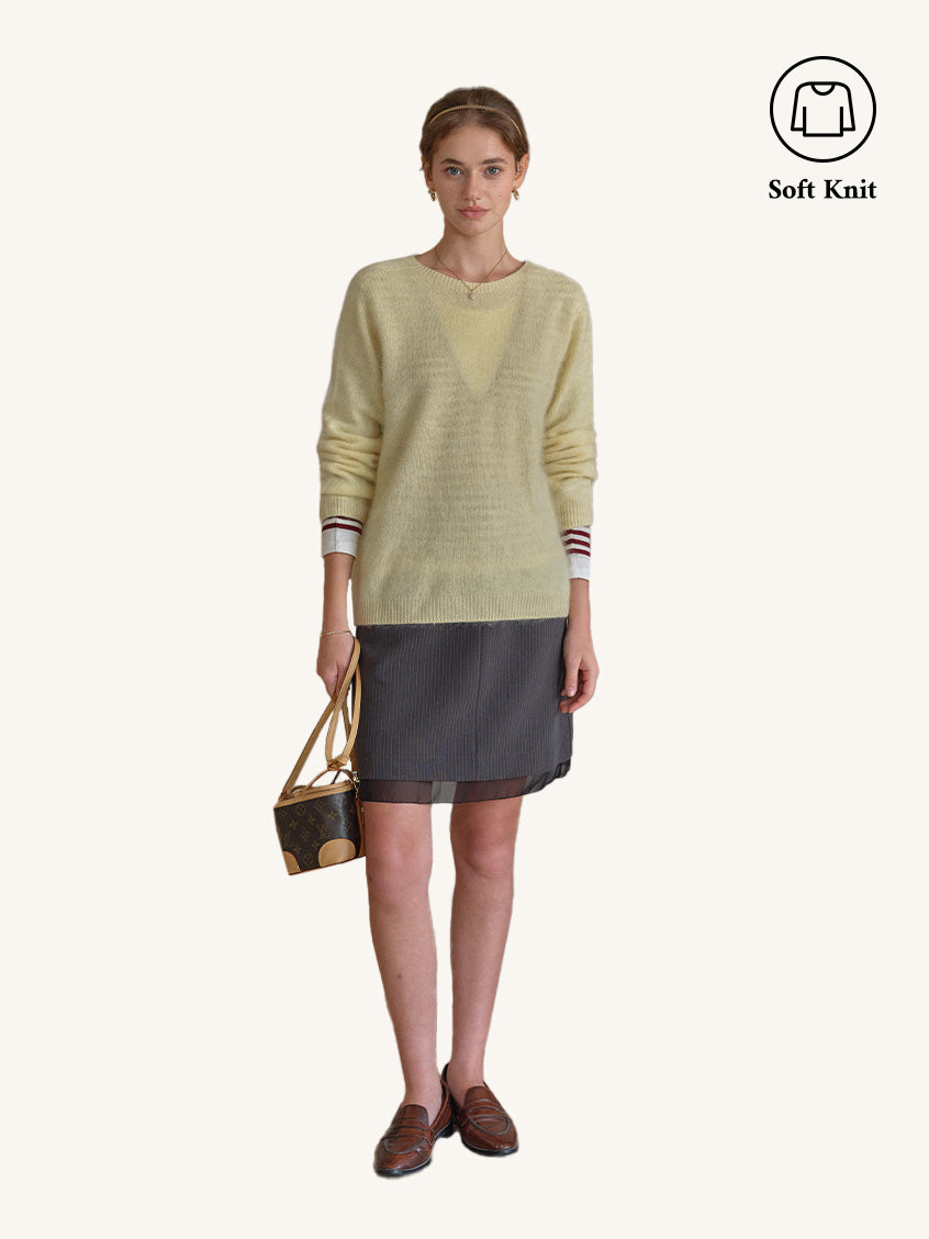 2PCS Set Tru Cloud-Soft Wool Round Neck Sweater Bright Yellow & Natasha Pinstripe A-Line Layered Short Skirt
