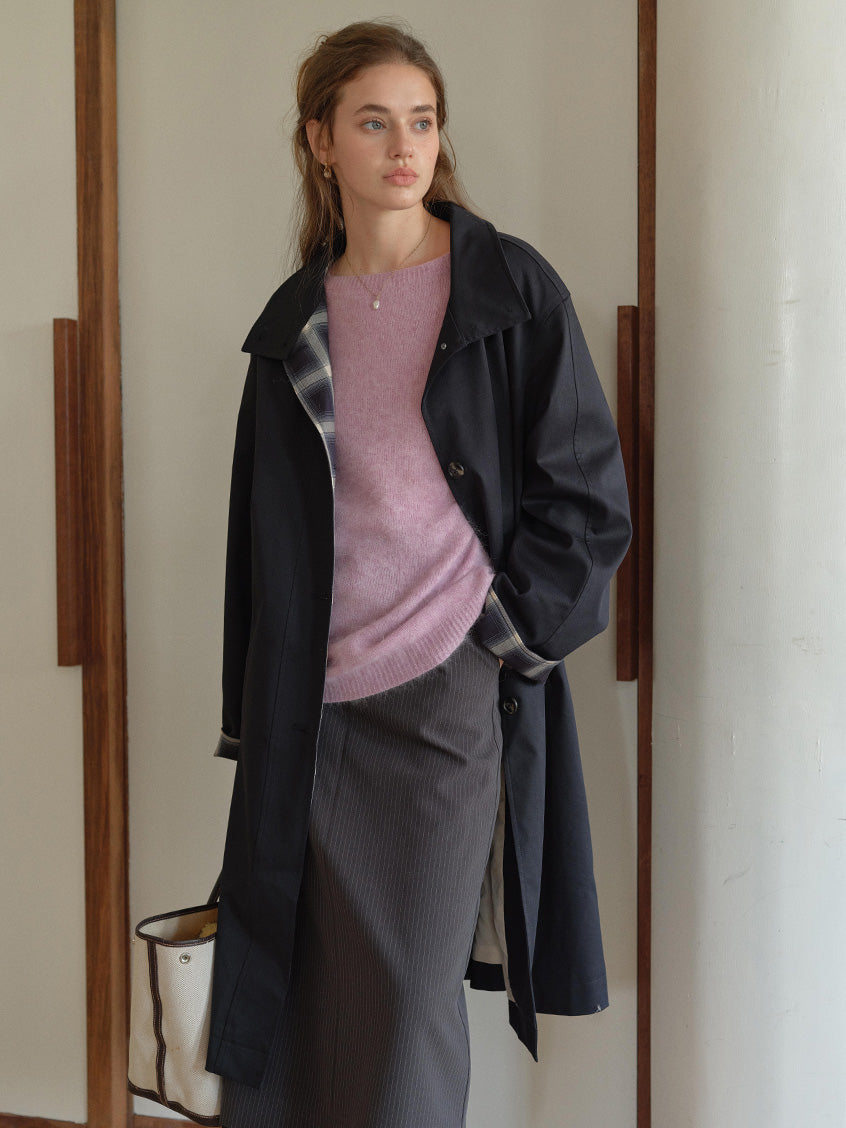Nyra Plaid Cuff Single-Breasted Long Trench Coat