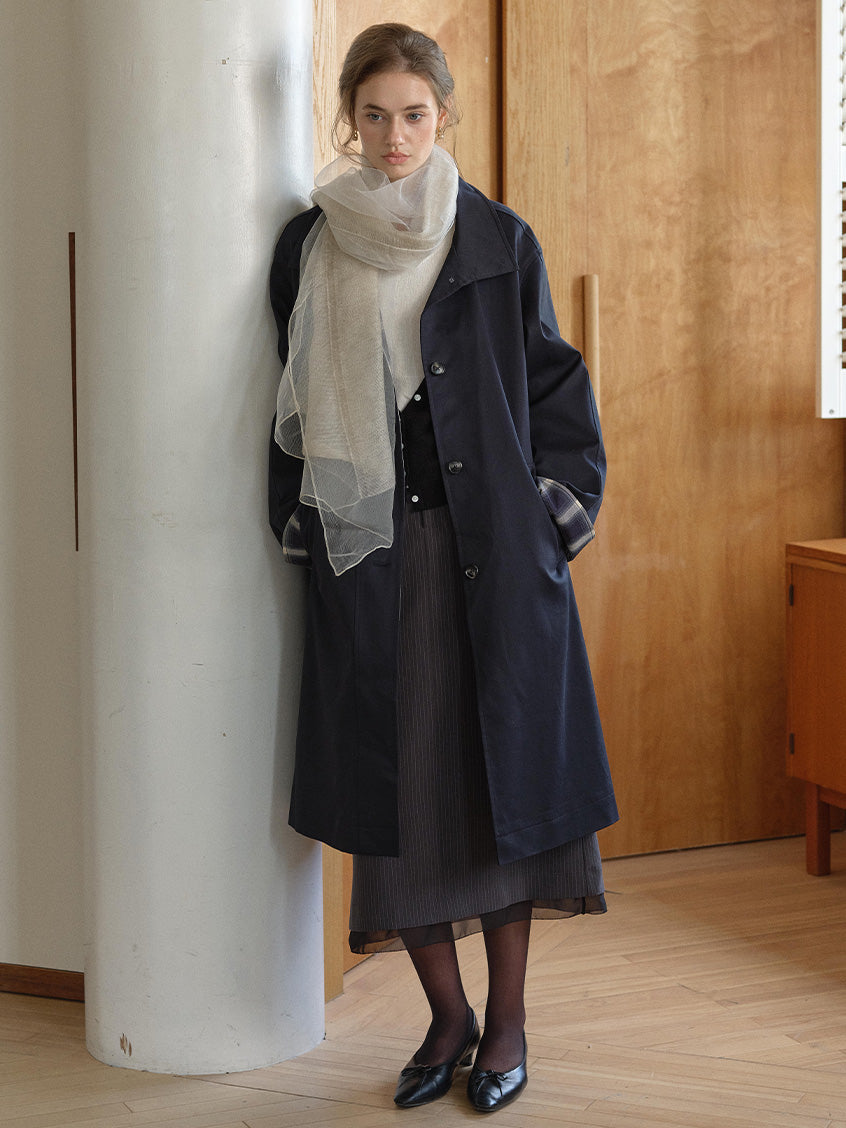 Nyra Plaid Cuff Single-Breasted Long Trench Coat