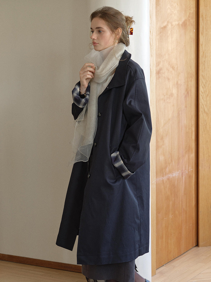 Nyra Plaid Cuff Single-Breasted Long Trench Coat