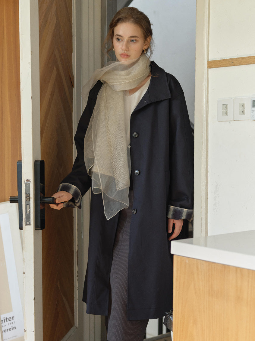 Nyra Plaid Cuff Single-Breasted Long Trench Coat