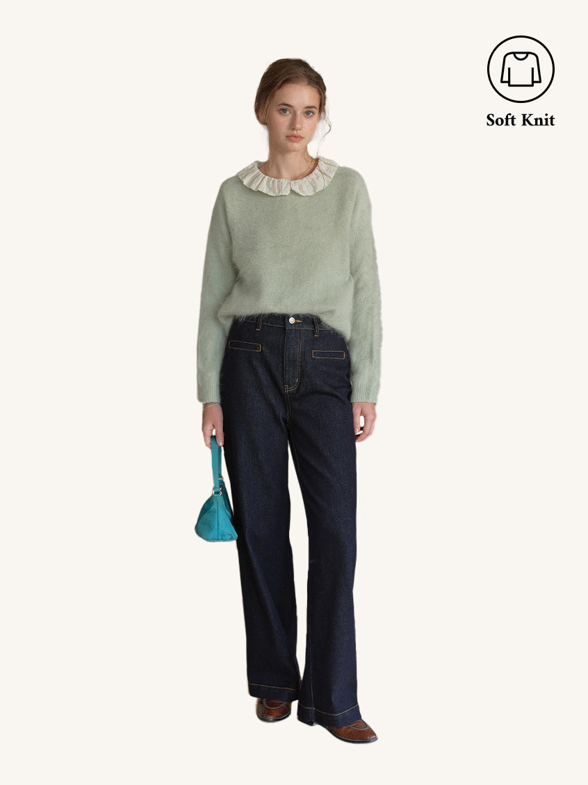 2PCS Set Tru Cloud-Soft Wool Round Neck Sweater Pale Green & Luisa Versatile Cotton Jeans