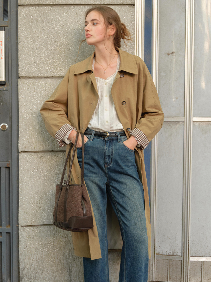 Genevieve 100%Cotton Tie-Waist Loose Mid-length Coat