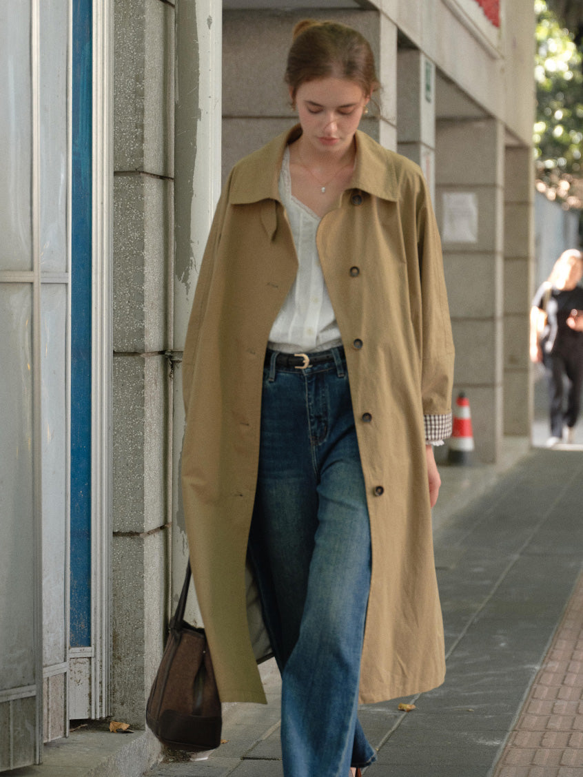 Genevieve 100%Cotton Tie-Waist Loose Mid-length Coat