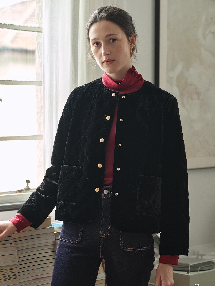 Desiree 100%Viscose Round Neck Velvet Short Coat