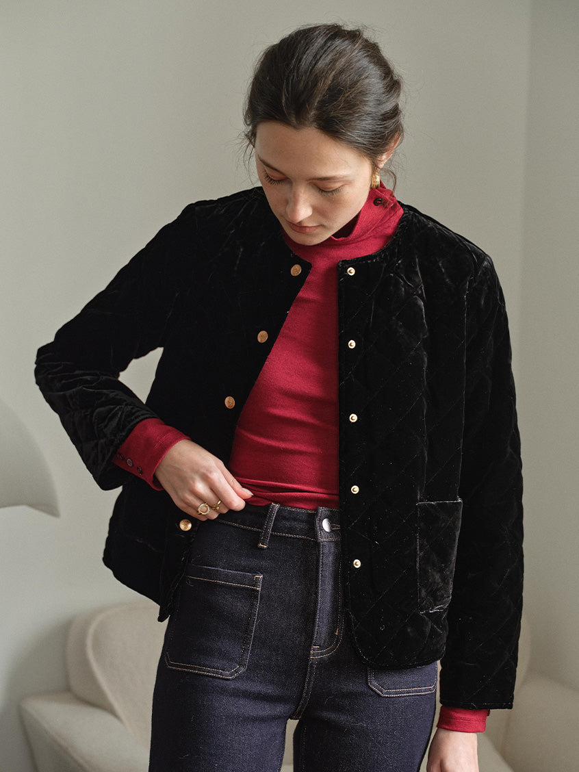 Desiree 100%Viscose Round Neck Velvet Short Coat