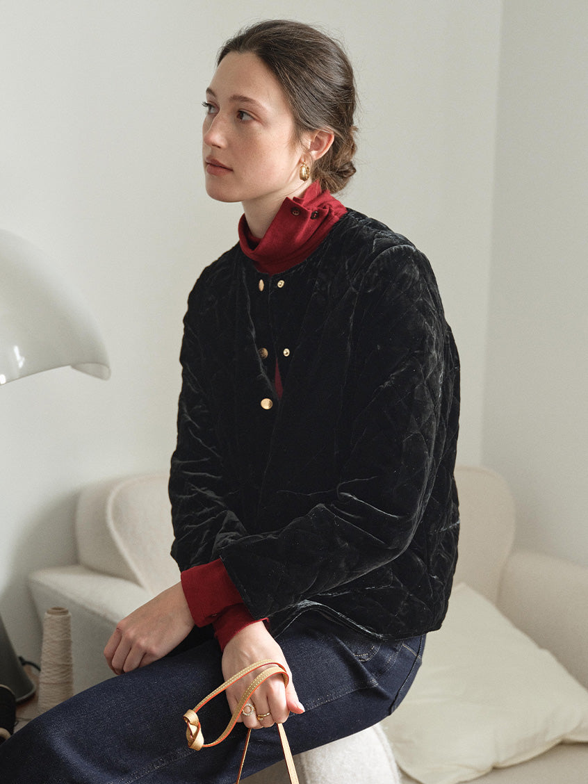 Desiree 100%Viscose Round Neck Velvet Short Coat
