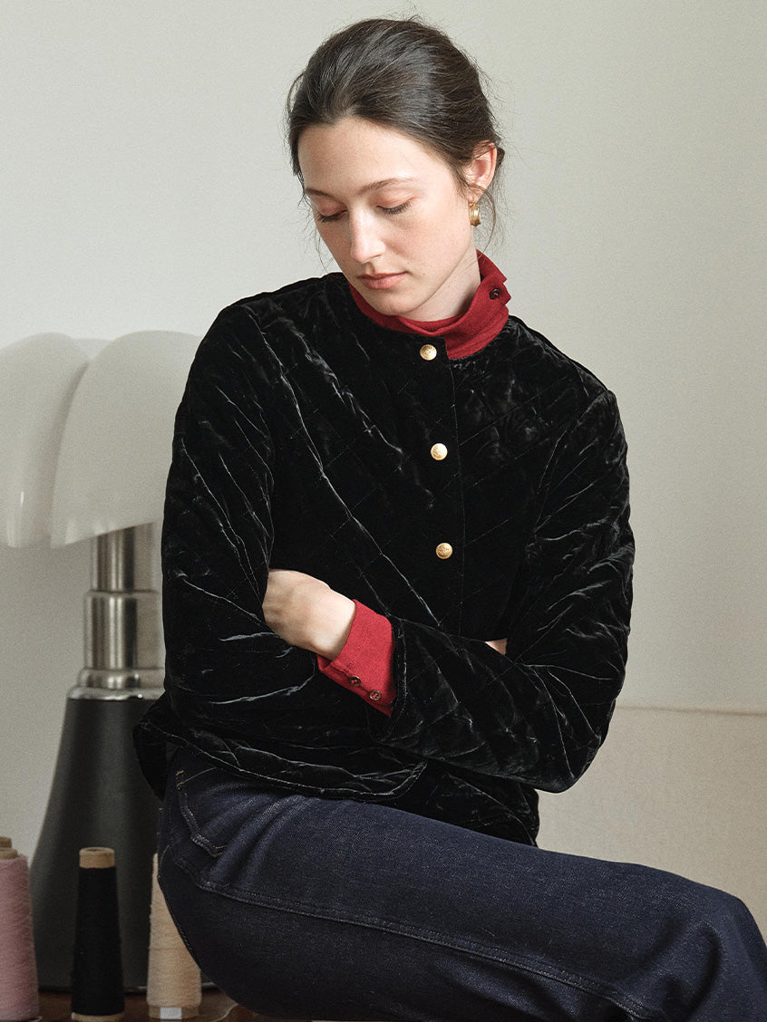 Desiree 100%Viscose Round Neck Velvet Short Coat