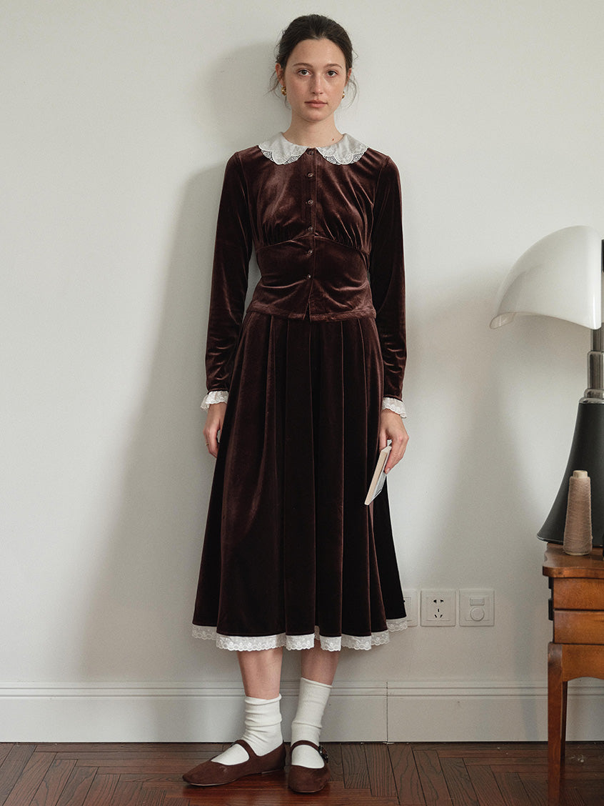 Carlota Lace Hem Pocket Velvet Midi Skirt