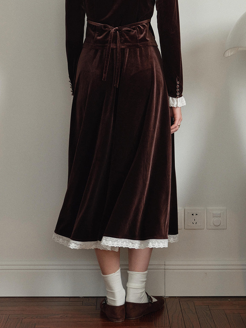 Carlota Lace Hem Pocket Velvet Midi Skirt