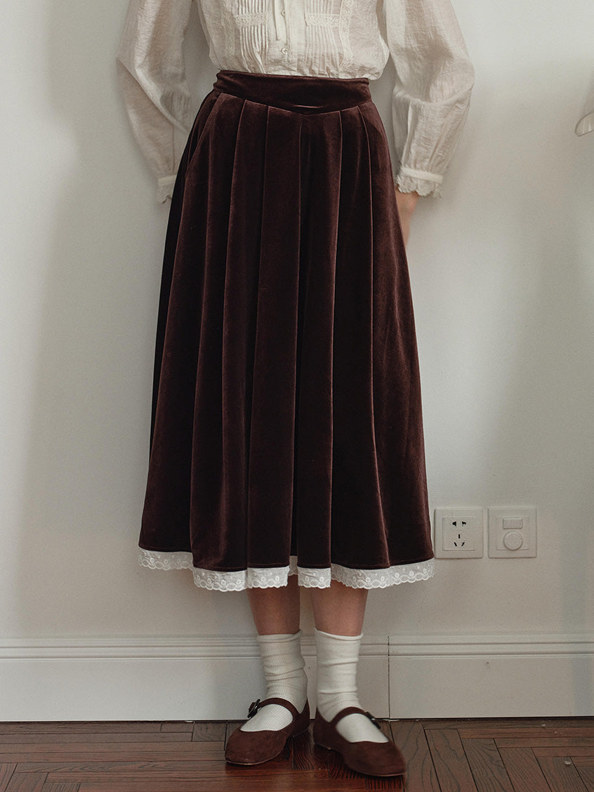 Carlota Lace Hem Pocket Velvet Midi Skirt