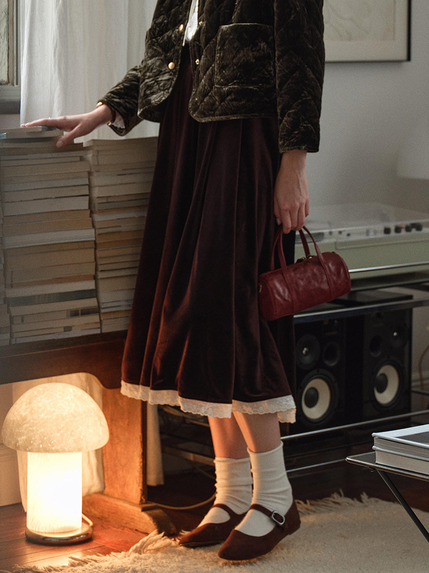 Carlota Lace Hem Pocket Velvet Midi Skirt