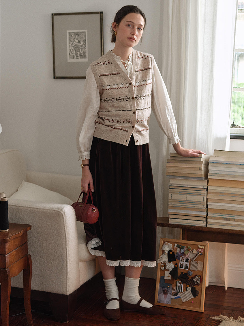 Carlota Lace Hem Pocket Velvet Midi Skirt