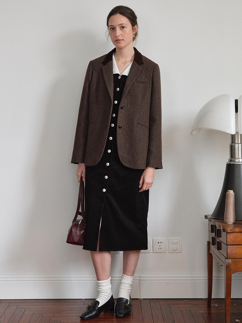 Aine Peter-Pan Collar Contrast-Cuff Button-Front Dress