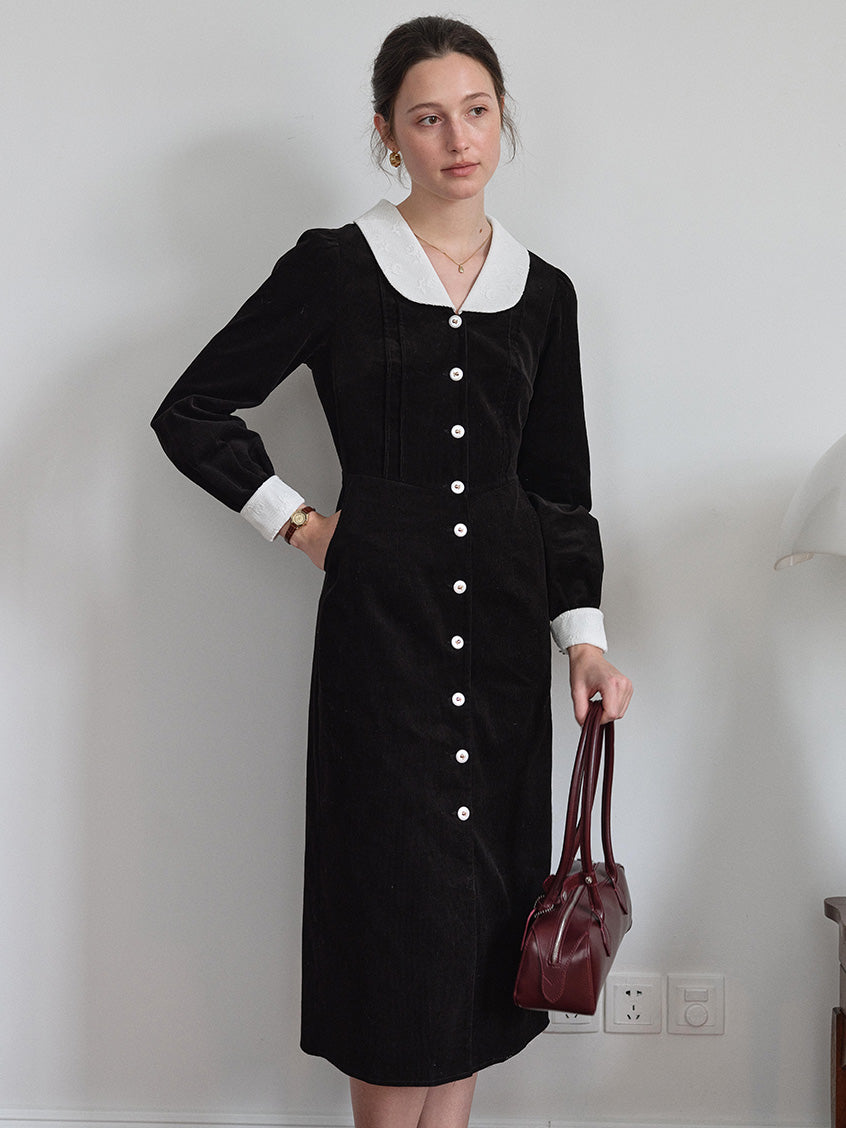 Aine Peter-Pan Collar Contrast-Cuff Button-Front Dress