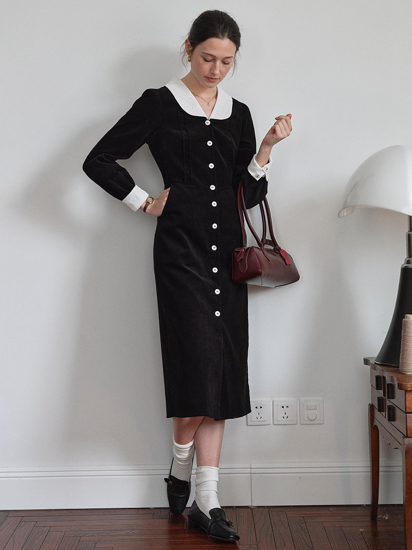 Aine Peter-Pan Collar Contrast-Cuff Button-Front Dress