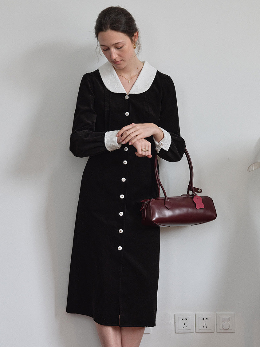 Aine Peter-Pan Collar Contrast-Cuff Button-Front Dress
