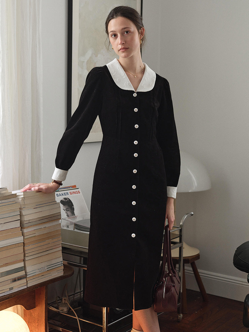 Aine Peter-Pan Collar Contrast-Cuff Button-Front Dress